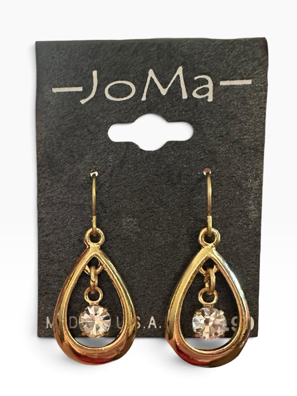 Vintage JoMa Gold Tone Teardrop Dangle Earrings Clear Crystal Rhinestone Drop